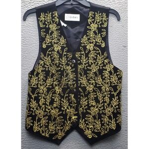 Cedars Leather Vest Womens Small Multi Gold Embroidered Leaf V-Neck Button Front